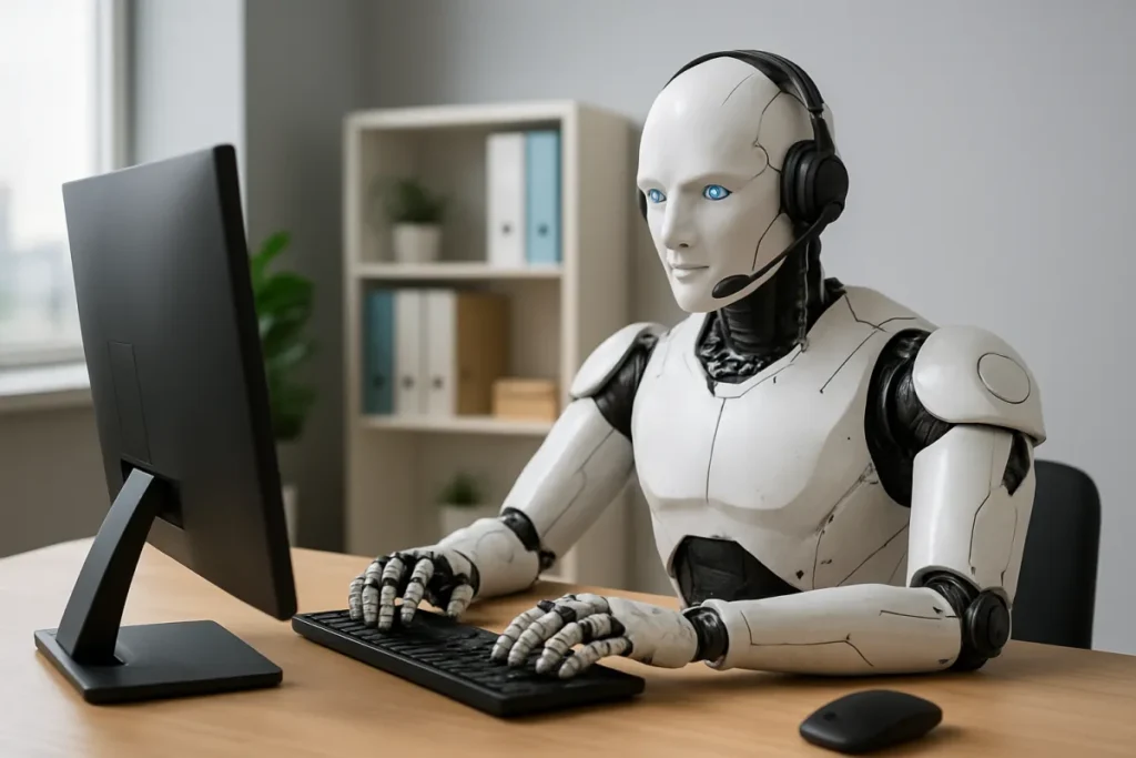 Illustration of AI assistant helping small businesses manage customer calls, scheduling, and lead capture 24/7