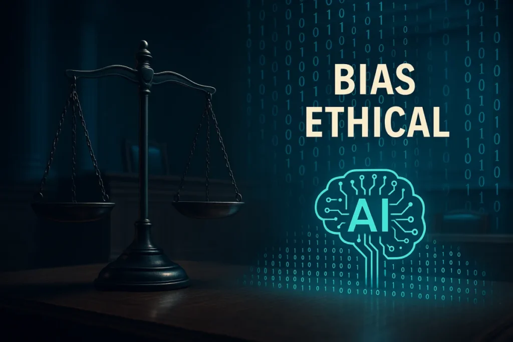 Illustration of ethical concerns and bias in legal AI systems with scales of justice