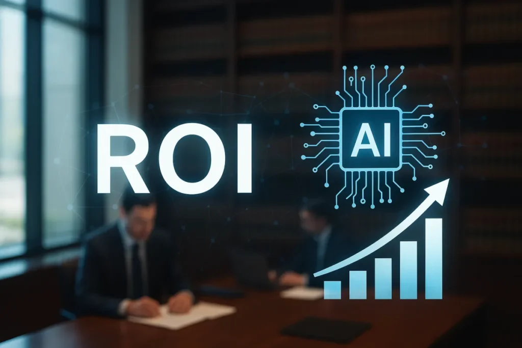 Law firm professionals analyzing AI data and ROI charts for legal technology investment